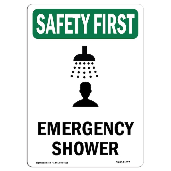 Safety Sign, OSHA SAFETY FIRST, 5" Height, Emergency Shower, Portrait, 10PK